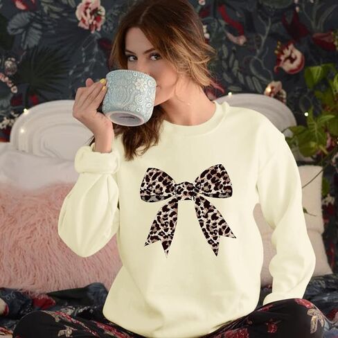 Bow Sweatshirt for Women Leopard Print Cute Sweatshirts Graphic Preppy Pullover Trendy Casual Crewneck Clothes in Saudi Arabia