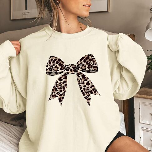 Bow Sweatshirt for Women Leopard Print Cute Sweatshirts Graphic Preppy Pullover Trendy Casual Crewneck Clothes in Saudi Arabia