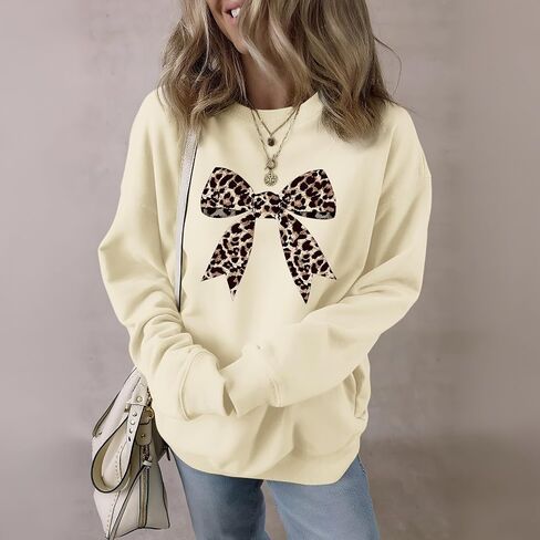 Bow Sweatshirt for Women Leopard Print Cute Sweatshirts Graphic Preppy Pullover Trendy Casual Crewneck Clothes in Saudi Arabia