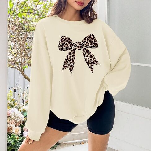 Bow Sweatshirt for Women Leopard Print Cute Sweatshirts Graphic Preppy Pullover Trendy Casual Crewneck Clothes in Saudi Arabia