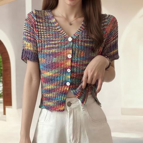 Knitted Contrast Dye V-Neck Short Sleeve Sweater Summer Crop Cardigan Top for Women in Saudi Arabia