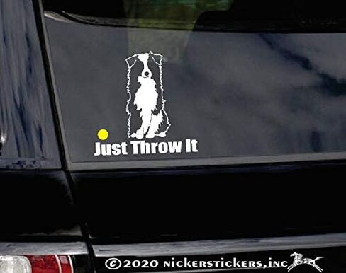 Just Throw It | NickerStickers® Funny Sitting Aussie Australian Shepherd Herding Dog Vinyl Window Decal in Saudi Arabia