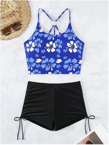 Printed Swimsuit Set Swimwear Adjustable Straps Women Shorts Bikini Drawstring Women Beach Suit in Saudi Arabia