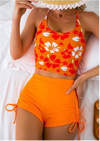 Printed Swimsuit Set Swimwear Adjustable Straps Women Shorts Bikini Drawstring Women Beach Suit in Saudi Arabia