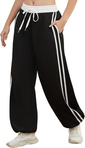 واسعة الساق Sweatpants المرأة عالية الخصر فضفاض بنطلون طويل وواسع الجانب شريط الرباط الكاحل المسار ركض مع جيوب in Kuwait