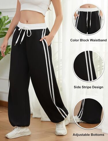 واسعة الساق Sweatpants المرأة عالية الخصر فضفاض بنطلون طويل وواسع الجانب شريط الرباط الكاحل المسار ركض مع جيوب in Kuwait