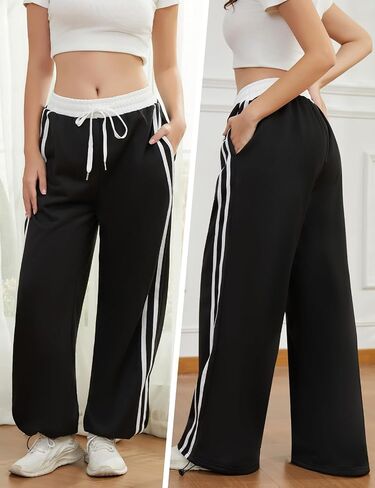 واسعة الساق Sweatpants المرأة عالية الخصر فضفاض بنطلون طويل وواسع الجانب شريط الرباط الكاحل المسار ركض مع جيوب in Kuwait
