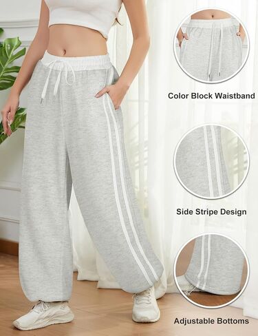 واسعة الساق Sweatpants المرأة عالية الخصر فضفاض بنطلون طويل وواسع الجانب شريط الرباط الكاحل المسار ركض مع جيوب in Kuwait