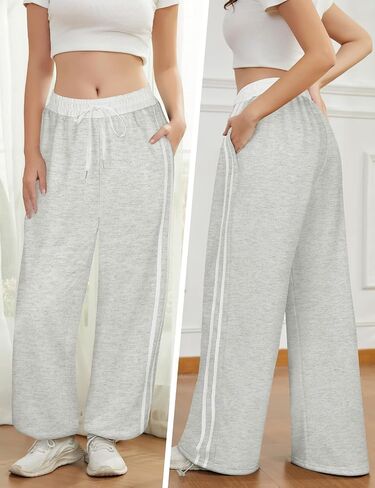 واسعة الساق Sweatpants المرأة عالية الخصر فضفاض بنطلون طويل وواسع الجانب شريط الرباط الكاحل المسار ركض مع جيوب in Kuwait
