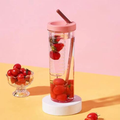 700ml Transparent Plastic Water Bottle with Straw Large Capacity Portable Juice Cup for Outdoor Activities（Pink） in Saudi Arabia