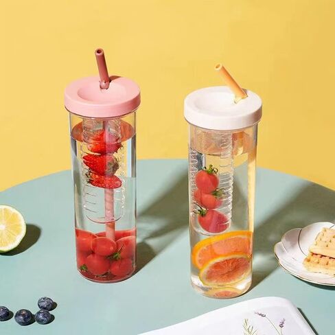 700ml Transparent Plastic Water Bottle with Straw Large Capacity Portable Juice Cup for Outdoor Activities（Pink） in Saudi Arabia