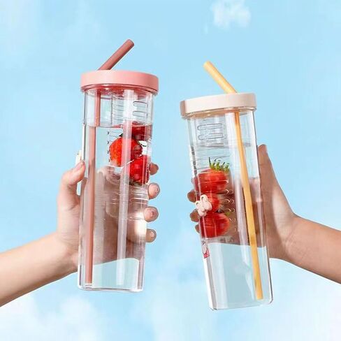 700ml Transparent Plastic Water Bottle with Straw Large Capacity Portable Juice Cup for Outdoor Activities（Pink） in Saudi Arabia
