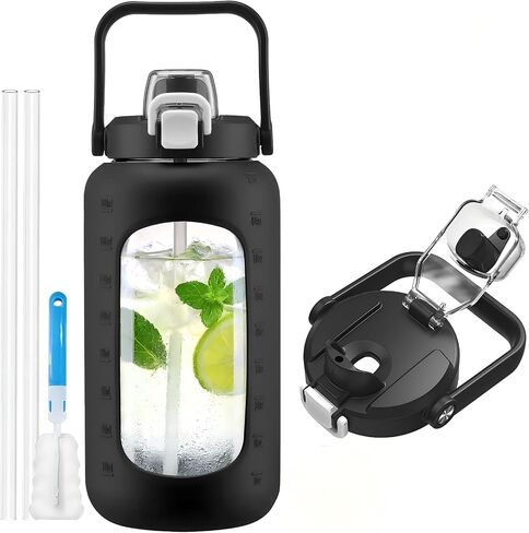 72oz Glass Water Bottle with 2-IN-1 Straw &Chug Lid, Large Motivational Glass Bottle with Capacity Marker and Silicone Sleeve, 2.1Liter Gallon Water Jug for Home, Sports, Gym, BPA Free-Light Purple in Saudi Arabia