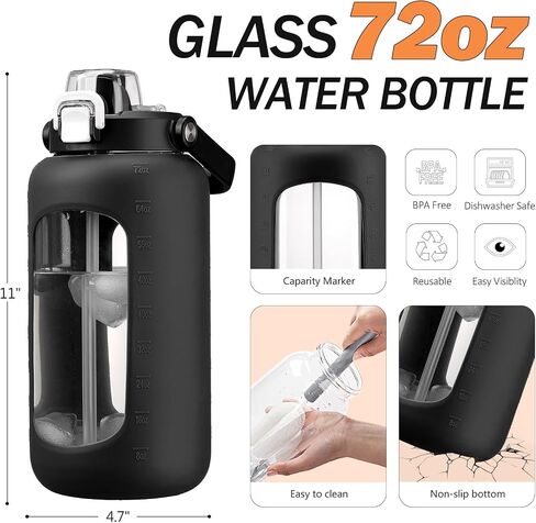 72oz Glass Water Bottle with 2-IN-1 Straw &Chug Lid, Large Motivational Glass Bottle with Capacity Marker and Silicone Sleeve, 2.1Liter Gallon Water Jug for Home, Sports, Gym, BPA Free-Light Purple in Saudi Arabia