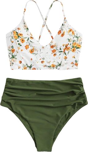 SweatyRocks Women's Lace Up Floral Bikini Set Criss Cross Ruched Swimsuit Boho Two Piece Bathing Suit in Saudi Arabia