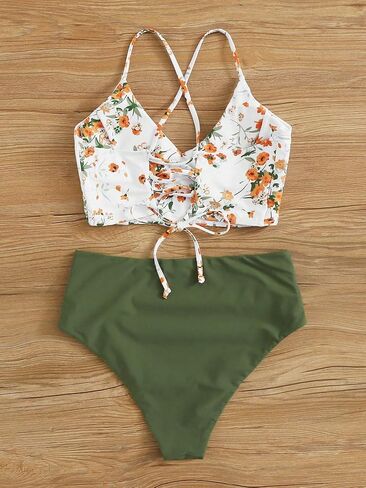 SweatyRocks Women's Lace Up Floral Bikini Set Criss Cross Ruched Swimsuit Boho Two Piece Bathing Suit in Saudi Arabia