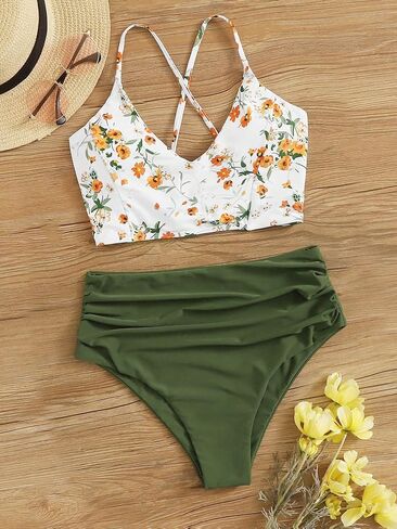SweatyRocks Women's Lace Up Floral Bikini Set Criss Cross Ruched Swimsuit Boho Two Piece Bathing Suit in Saudi Arabia