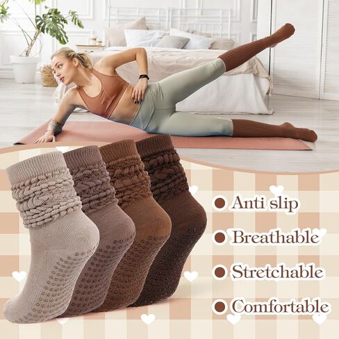 4 أزواج من جوارب البيلاتس اللطيفة مع قبضة، جورب ناعم طويل غير قابل للانزلاق لليوجا للنساء في صالة الألعاب الرياضية والرقص in Kuwait