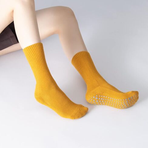 Yoga Pilates Socks with Grips for Women Non Slip Solid Striped Fleece Cushioned Crew Socks for Barre Ballet Dance in Saudi Arabia