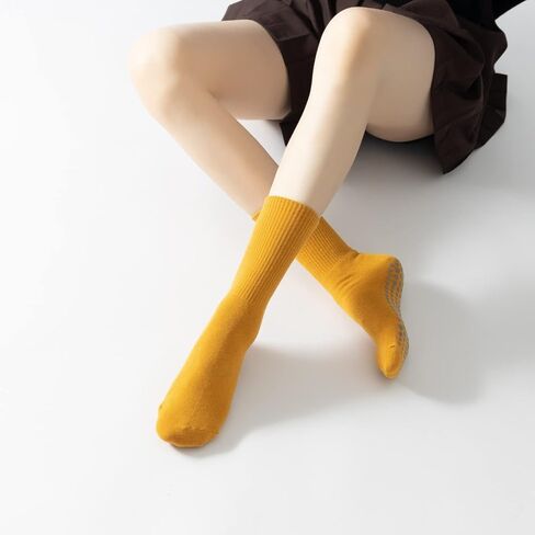 Yoga Pilates Socks with Grips for Women Non Slip Solid Striped Fleece Cushioned Crew Socks for Barre Ballet Dance in Saudi Arabia