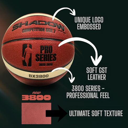 كرة السلة Shadow Pro Series 3800، مقاس 7، جلد عالي الجودة للمنافسة، برتقالي وكريمي، متانة رائعة. عززت المثانة بوتيل. مقاس البالغين 7، 28.5 بوصة. جلد ضريبة القيمة المضافة. يشمل نافخة. in Kuwait