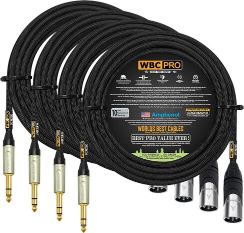 4 وحدات - 20 قدم - كابل WBC-PRO-Quad فائق الصمت والمرن للغاية ومتوازن Star-Quad XLR إلى TRS مع مقابس هاتف ستيريو TRS من Amphenol AX3M Male XLR & QS3P-AU - سترة تويد سوداء in Saudi Arabia
