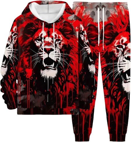 Men's Lion King 3D printed hooded sweatshirt and pants set, casual plus two-piece set in Saudi Arabia