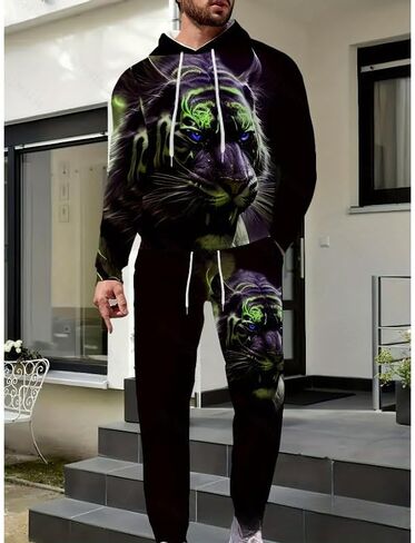 Men's Lion King 3D printed hooded sweatshirt and pants set, casual plus two-piece set in Saudi Arabia
