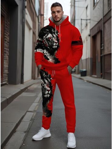 Men's Lion King 3D printed hooded sweatshirt and pants set, casual plus two-piece set in Saudi Arabia