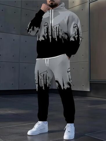Men's printed hoodie, jogging pants set, casual pullover, sports shirt, long pants two-piece set in Saudi Arabia