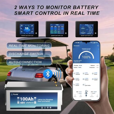 48 Volt Lithium Battery for Golf Cart kit with 18A Charger, 48V 100Ah LiFePO4 Battery with 200A BMS Bluetooth & LCD Display, 5.12kWh Capacity and 10.24kW Output for Golf Cart in Saudi Arabia