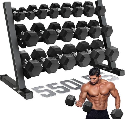 Dumbbell Sets with Rack, Rubber Hex Dumbbells, 160/220/280/360/450/550LBS, Hand Weights with Chrome Handle for Strength Training in Kuwait