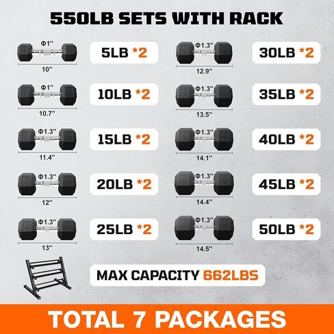 Dumbbell Sets with Rack, Rubber Hex Dumbbells, 160/220/280/360/450/550LBS, Hand Weights with Chrome Handle for Strength Training in Kuwait