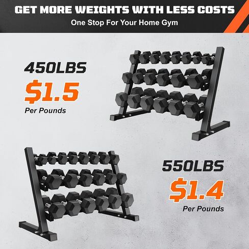 Dumbbell Sets with Rack, Rubber Hex Dumbbells, 160/220/280/360/450/550LBS, Hand Weights with Chrome Handle for Strength Training in Kuwait