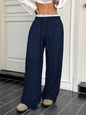 ZAFUL المرأة واسعة الساق Sweatpants عارضة الدانتيل تقليم الرباط تجريب الركض Y2K فضفاض صالة السراويل in Saudi Arabia