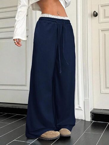ZAFUL المرأة واسعة الساق Sweatpants عارضة الدانتيل تقليم الرباط تجريب الركض Y2K فضفاض صالة السراويل in Saudi Arabia