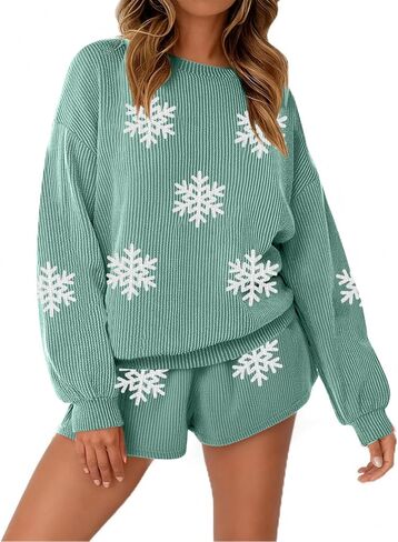 ASTANFY Christmas Sweaters Women 2 Piece Sets Matching Christmas Pajamas Long Sleeve Top and Shorts Lounge Set with Pockets in Saudi Arabia