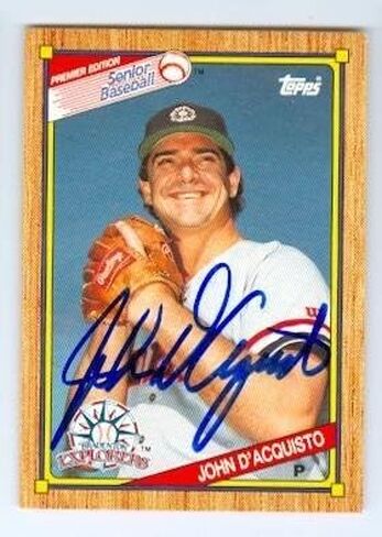بطاقة بيسبول موقعة من John D Acquisto لعام 1989 Topps Senior League # 31 Bradenton Explorers - بطاقات بيسبول موقعة in Saudi Arabia