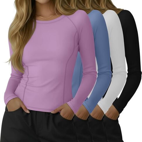 4 Pack Women's Long Sleeve Shirts Compression Crew Neck Tops Athletic Slim Fit Undershirts for Yoga Gym in Saudi Arabia