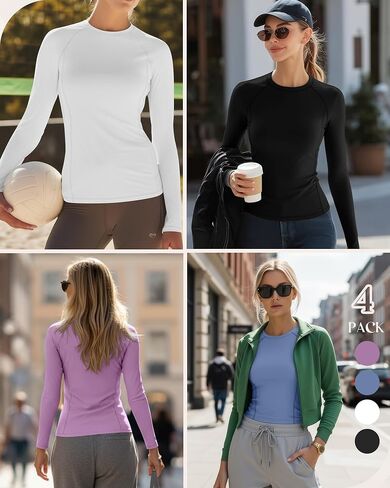 4 Pack Women's Long Sleeve Shirts Compression Crew Neck Tops Athletic Slim Fit Undershirts for Yoga Gym in Saudi Arabia