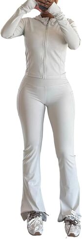 Women 2 Piece Workout Sets Long Sleeve Jacket Flare Long Yoga Pants Workout Sets Tracksuit With Pockets in Kuwait