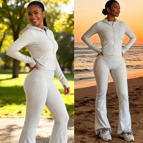 Women 2 Piece Workout Sets Long Sleeve Jacket Flare Long Yoga Pants Workout Sets Tracksuit With Pockets in Kuwait