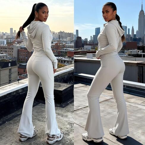 Women 2 Piece Workout Sets Long Sleeve Jacket Flare Long Yoga Pants Workout Sets Tracksuit With Pockets in Kuwait
