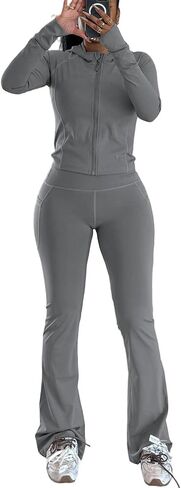 Women 2 Piece Workout Sets Long Sleeve Jacket Flare Long Yoga Pants Workout Sets Tracksuit With Pockets in Saudi Arabia
