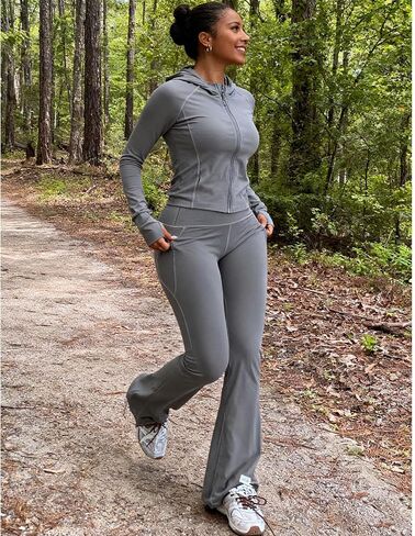 Women 2 Piece Workout Sets Long Sleeve Jacket Flare Long Yoga Pants Workout Sets Tracksuit With Pockets in Saudi Arabia