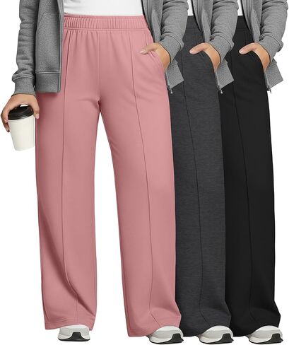 Neer 3 Pack Women's Plus Size Sweatpants, Wide Leg Lounge Pants Elastic Waist Baggy Pant with Pockets Casual Loose Fit Bottom in Saudi Arabia