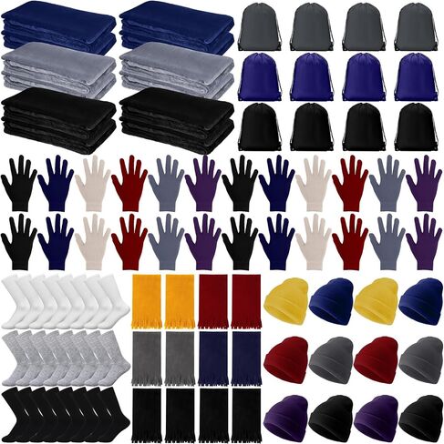 Suhine 72 Pcs Homeless Care Package Supplies Bulk Winter Gloves Beanies Scarves Blanket Socks Drawstring Bags for Unisex in Saudi Arabia
