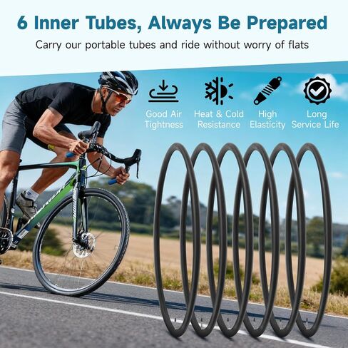yeesport 6 Pack 700x25-28C Inner Tubes, 700x28c Road Bike Tubes 700x25c Presta 48 mm with Tire Levers Rim Strips, 700c Bike Tube for Road Bicycle Tires, Commuting, Long Rides in Saudi Arabia