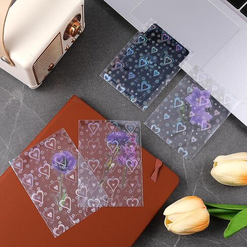 200 Pcs Laser Flashing Holographic Photo Card Sleeves Love Heart-Shape Transparent Waterproof Trading Card Protective Cover for Photo Card in Saudi Arabia