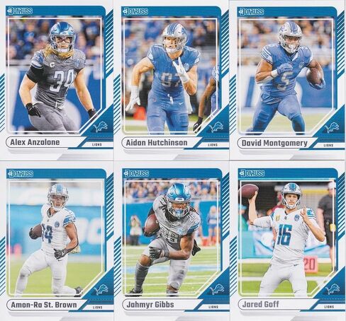 مجموعة فريق Detroit Lions 2024 Donruss Factory المختومة التي تضم Jahmyr Gibbs وJard Goff وSam LaPorta وBarry Sanders مع بطاقة Rookie Card Plus من Terrion Arnold in Saudi Arabia